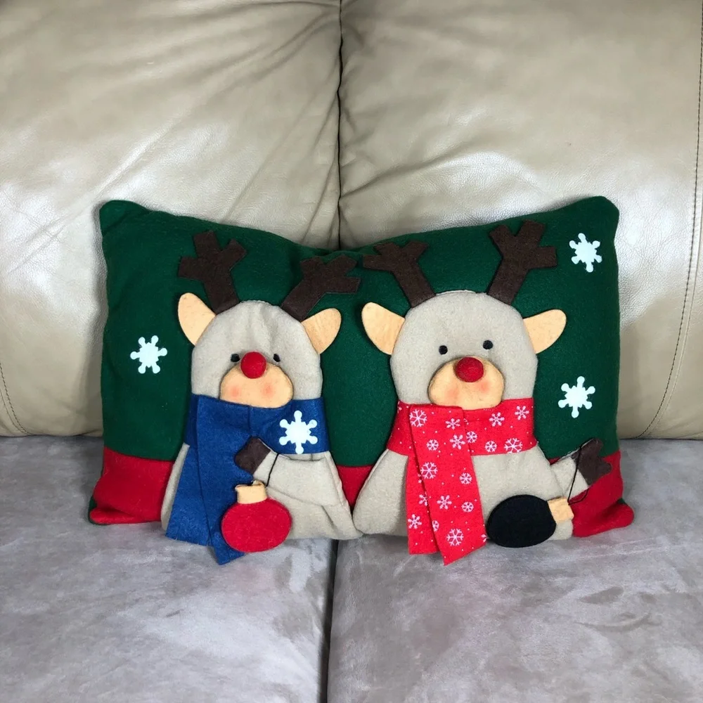 2 Hand Made 3D Felt Multicolor Christmas Holliday Snow Men Reindeers Pillows